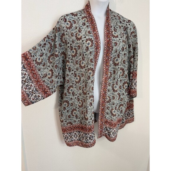 Knox Rose Kimono Top Green Mauve Floral Open Bohemian XXL Fall Lightweight EUC - Picture 2 of 6